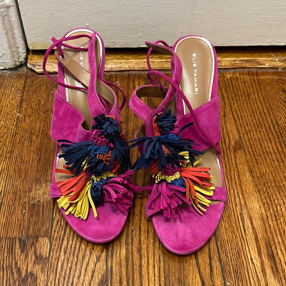 Elie Tahari suede pom pom heels